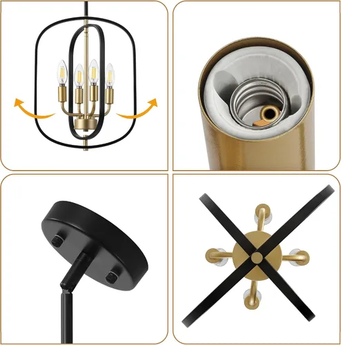 Vista 7 de ACNKTZ Candelabro pequeño negro y dorado para vestíbulo, lámpara colgante geométrica de metal de 4 luces para entrada, iluminación colgante moderna