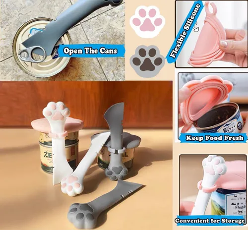 Vista 5 de Cucharas para latas de comida para perros y gatos, tapas de silicona para latas de comida para perros y gatos, abrelatas, espátula de comida