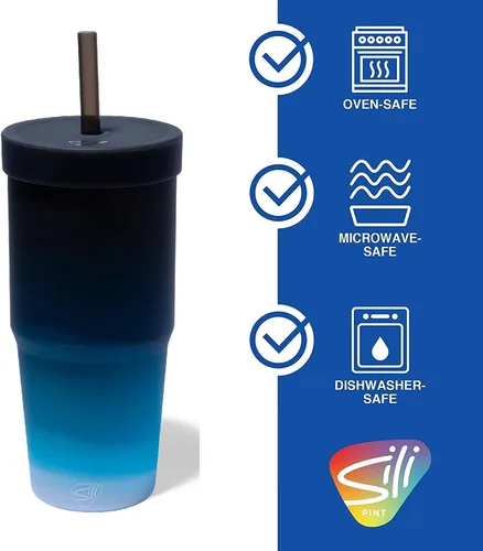 Vista 2 de Silipint: Vasos de silicona con pajita de 32 onzas: paquete de 2 vasos Moon Beam – Vaso irrompible reutilizable, flexible, sostenible