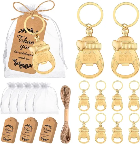 Vista 10 de 50 piezas de abrebotellas con efecto pop para baby shower, lindos recuerdos de abrebotellas con bolsas de organza, regalos de regreso