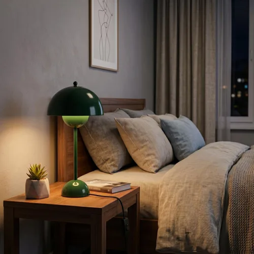 Vista 2 de Lámpara de mesa moderna Mid-Century Bud para dormitorio, con certificación Verde cazador