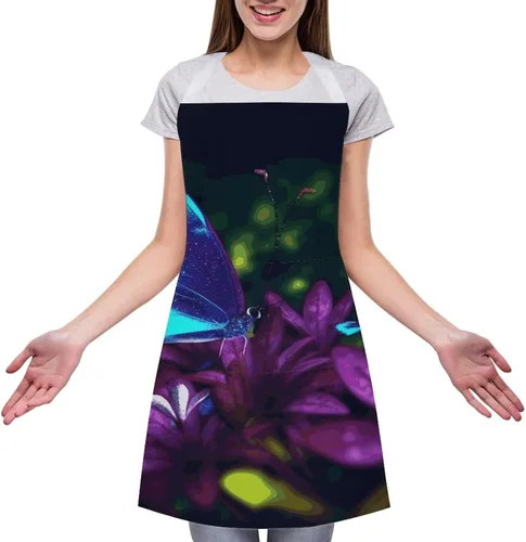 Vista 3 de MUSM Blue Purple Flower Butterfly Apron，Classic Vintage Funny with Pockets Aprons,Adjustable Bib Waterdrop Resistant for Kitchen Cooking Restaurant