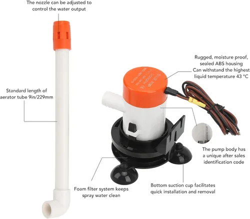 Vista 4 de Baitwell Bomba de 12 V 350 GPH 12 V Livewell Bomba aireadora de cebo sumergible portátil inferior para barco marino, bomba de pozo de vida, bomba