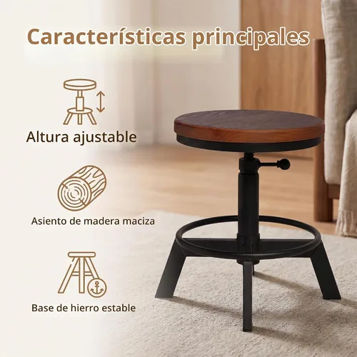 Vista 6 de Juego de 2 taburetes de bar industriales, taburete corto, asiento giratorio de madera, sillas de isla de cocina, altura ajustable, 15.2-21 pulgadas