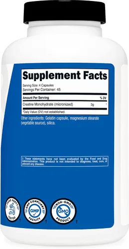Vista 5 de Nutricost Monohidrato de creatina 3,000 mg, 180 cápsulas (750 mg por cápsula) Sin gluten, sin OMG