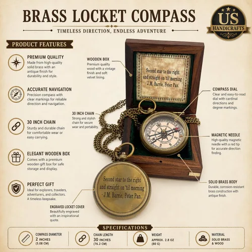 Vista 3 de Second Star to the Right and Straight on Till Morning- Brass Engraved Compass with Wooden Case – Inspirational Birthday, Confirmation, and Baptism