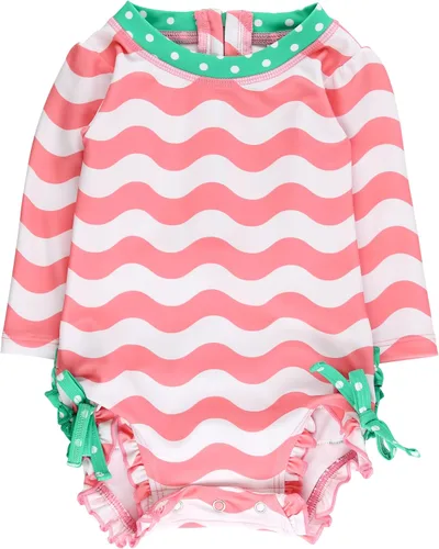 Vista 68 de RuffleButts - Traje de baño de una pieza con protección solar UPF 50+, camiseta de protección floral estampado, manga larga, con cierre zipper