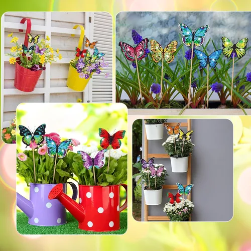 Vista 4 de Leinuosen Juego de 12 piezas de pintura de diamantes de mariposa para decoración de jardín, pintura de diamantes coloridos 5D, estacas de mariposa