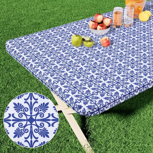 Vista 18 de Misaya - Mantel de vinilo rectangular, mantel elástico con respaldo de franela, 100% impermeable, cubierta de plástico para mesas plegables de 4