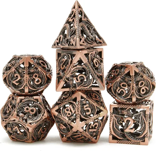 Vista 9 de Juego de dados de metal hueco poliédrico dragón volador 2 juegos para Calabozos y Dragones RPG MTG Juegos de mesa D&D Pathfinder Shadowrun