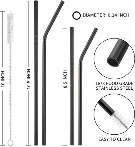 Vista 2 de Hiware Paquete de 12 pajitas de acero inoxidable negras reutilizables con estuche, pajitas de metal para vasos de 30 y 20 onzas, aptas