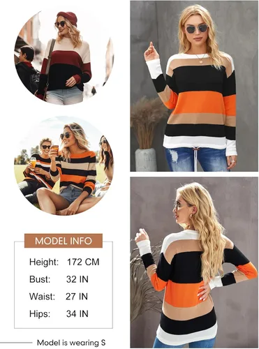 Vista 4 de Dokotoo Suéteres de otoño con cuello redondo, a rayas, lindos suéteres de invierno para mujer, modernos con cordón