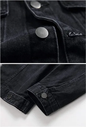 Vista 6 de LZLER Chaquetas de mezclilla para hombre, desgastadas, clásicas, vintage, ajustadas, rasgadas, a la moda, 2024, chaquetas de mezclilla de camionero