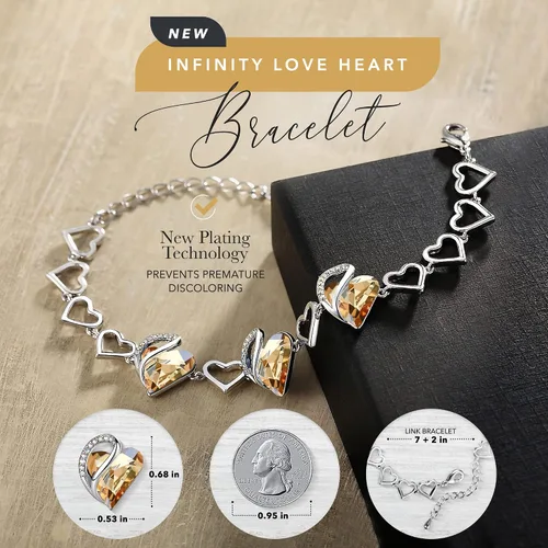 Vista 2 de Leafael - Pulsera de amor infinito con eslabones, corazón de cristal y piedra natal, regalos para mujer, tono plateado, 7 pulgadas con extensor de 2