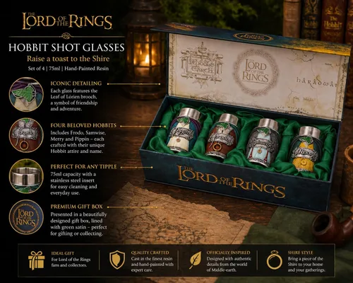 Vista 6 de Nemesis Now El Señor de los Anillos - Juego de 3 vasos de chupito, con Hobbits Frodo, Samwise, Pippin y Merry, coleccionables de resina pintados a