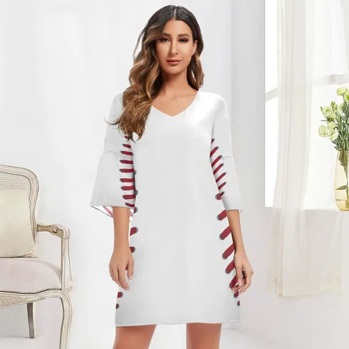 Vista 5 de Vestido de béisbol con costuras rojas y pelota blanca para mujer, vestido de gasa de manga corta, cuello en V, con volantes, talla S 2045270