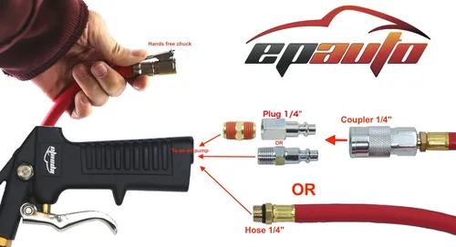Vista 3 de Cargas pesadas120 PSI Medidor de Inflador Epauto de neumáticos, con manguera y conector rápido con enchufe industrial tipo D de conexión rápida