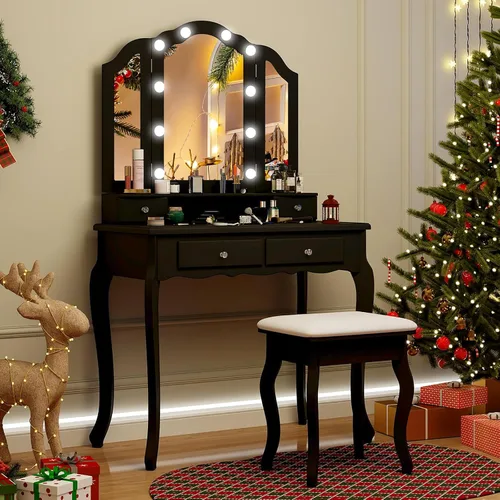 Vista 7 de CHARMAID Escritorio de tocador con luces – Mesa de tocador de maquillaje con espejo de tres pliegues, 10 luces LED Hollywood ajustables, 4 cajones