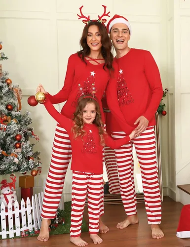 Vista 2 de iClosam Juego de pijamas familiares a juego, pijamas a rayas navideño, pijamas para papá, mamá, pijamas