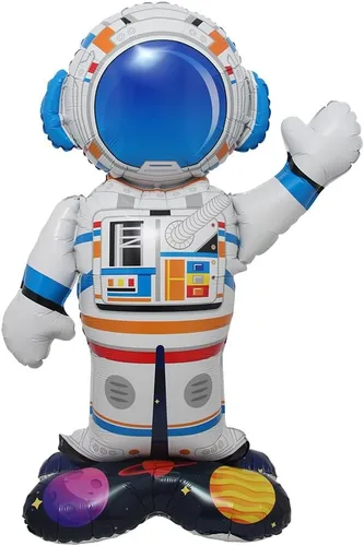 Vista 6 de Globos de aluminio con forma de cohete y astronauta en 4D de pie, globos de aluminio para helio, temática del espacio exterior, decoración de fiesta