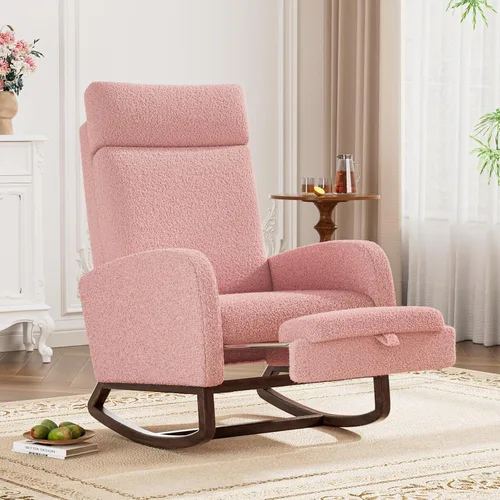 Vista 15 de Silla mecedora para guardería, balancín de respaldo alto con reposapiés, color beige Rocking Chair Nursery with Footrest Storage Pocket