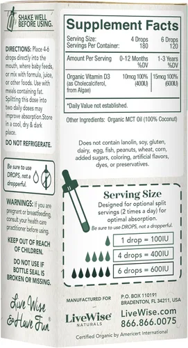 Vista 4 de Live Wise Naturals Vitamina para bebés D3 l USDA Orgánica Organic MCT Oil Formula For Kids and Toddler, Easy Absorption, Supports Immune and Bone