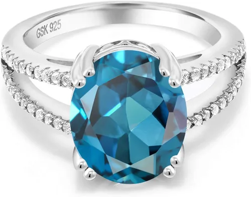 Vista 3 de Gem Stone King Anillo de compromiso de topacio azul Londres de 5.68 quilates para mujer en plata de ley 925, ovalado de 0.47 x 0.394 pulgadas