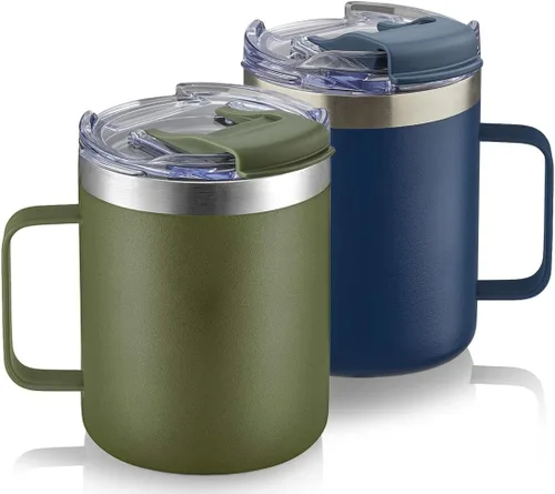 Vista 8 de Taza de café aislada de 12 onzas con asa, taza de café de viaje de acero inoxidable con tapa abatible, vaso de café de doble pared con aislamiento