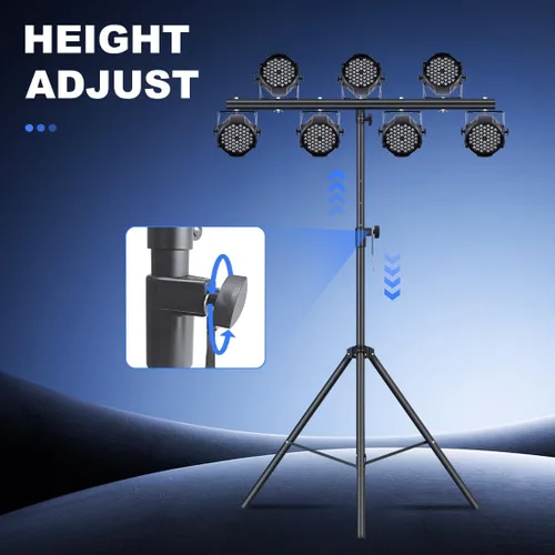 Vista 5 de Soporte de luces de DJ con barra redonda en T, trípode resistente Par Can para 7 luces, soporte de luz de escenario, altura ajustable de 41 a 95
