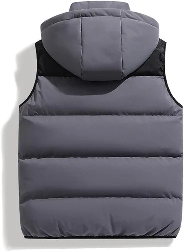 Vista 4 de Chaleco de invierno para hombre, acolchado, sin mangas, con capucha extraíble, informal, con cremallera y cálido.