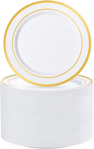 Vista 12 de BESTVIP 50 platos de plástico dorado transparente de 7 pulgadas, platos desechables para ensalada y postre con borde dorado para Navidad, Acción