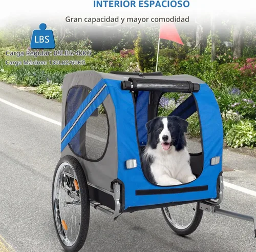 Vista 3 de PEXMOR Remolque de bicicleta para perros, carrito plegable para mascotas, carrito de remolque para bicicleta, carrito de carga con enganche Azul