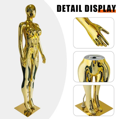 Vista 3 de Maniquí femenino de cuerpo completo dorado brillante de 70.8 pulgadas, maniquí de exhibición de estilo brasileño con brazos ajustables, base
