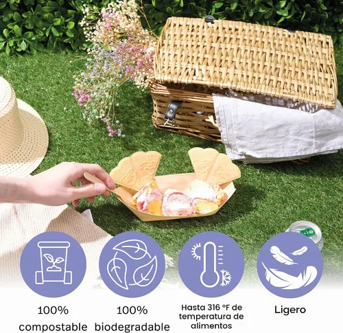 Vista 4 de MATANA Platos de bambú grandes desechables de 8.3" pulgadas, paquete de 100 - Bandeja de servicio biodegradable tipo barco para sushi, platos