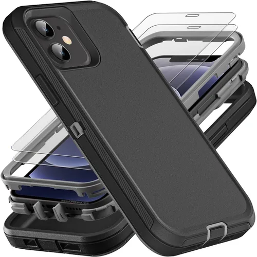 Vista 8 de YKHJKLEC Funda para iPhone 12 Mini, grado militar 3 en 1, resistente a los golpes, a prueba de caídas, polvo con 2 protectores de pantalla de vidrio