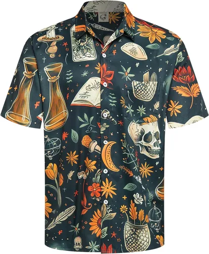 Vista 41 de Camisa de Halloween para Hombre de Hardaddy, de Manga Corta, con Botón, con Estampado Gracioso, Camisa Casual Negro