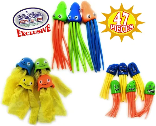 Vista 5 de Matty's Toy Stop Juego de buceo de 47 piezas para buceo/piscinas con palos de buceo, anillos de buceo, gemas, bolas, peces, torpedos, tiburones