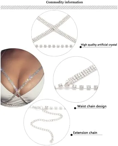 Vista 3 de CanB Sexy Chest Crossover Crystal Bra Body Chains Bralette Chain Bikini Beach Nightclub Chain Harness Body Accessories Jewelry for Women and Girls