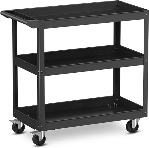 Vista 9 de Goplus Carrito de servicio de 3 capas, carrito Unity resistente con mango plano, 2 ruedas universales bloqueables, capacidad de 400 libras, carrito
