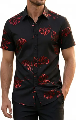 Vista 17 de ZEROYAA - Camisas de vestir de manga corta con estampado de rosa dorada para hombre, estilo hipster, calce ajustado, con botones