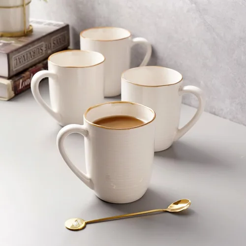 Vista 4 de famiware Tempus Juego de Tazas de Café de 4, Juego de Tazas de 14 oz, Tazas de Gres con Asa para Café, Té, Cacao, Leche, Capuchino, Apto para Blanco