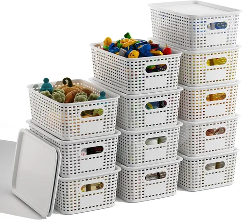 Vista 13 de Cestas de almacenamiento de plástico negro con tapas, paquete de 10 recipientes de almacenamiento apilables contenedores para organización