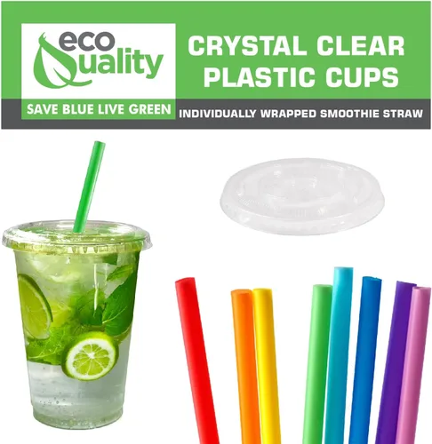 Vista 5 de Vasos desechables de plástico transparente con tapas y popotes para batidos, 500 unidades, 32 onzas (onzas), taza de PET transparente para batidos