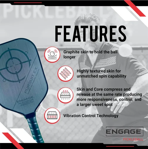 Vista 2 de Engage Pursuit EX - Paleta de pickleball de grafito - Textura rugosa para un giro duradero - Núcleo sensible para control y tacto - Agarre estándar