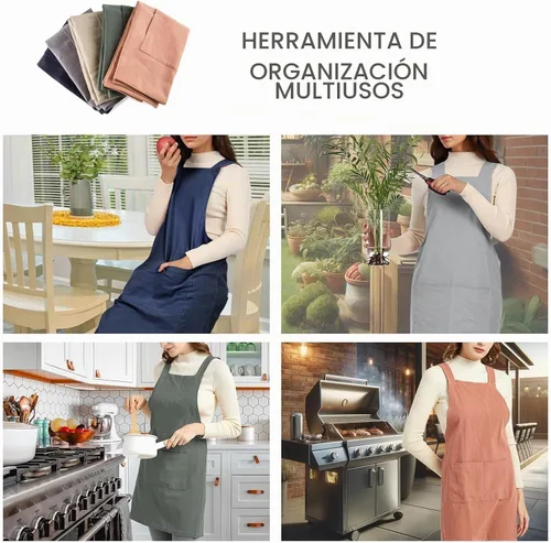 Vista 6 de ELEZAY Delantales para mujer con bolsillos, talla grande, cómodo, espalda cruzada, sin lazo, delantal de lino y algodón Verde