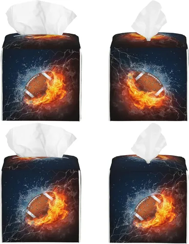 Vista 2 de Caja de pañuelos de fútbol americano en fuego y agua, soporte de caja de pañuelos de cuero, organizador de papel facial cuadrado, dispensador