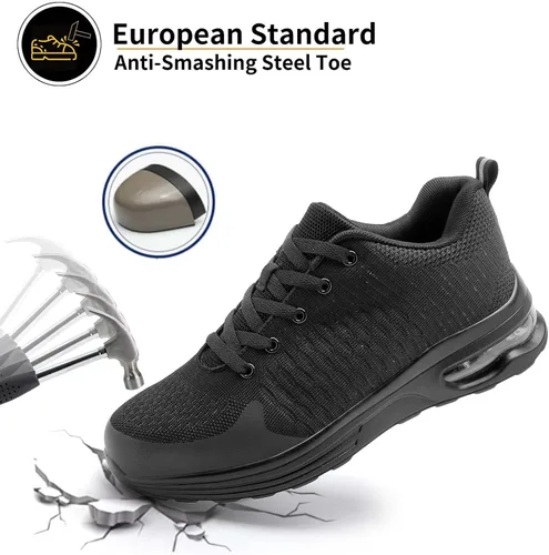 Vista 2 de LUPWEE Zapatos de punta de acero para hombres y mujeres, zapatos de trabajo de seguridad antideslizantes a prueba de pinchazos, cómodos tenis