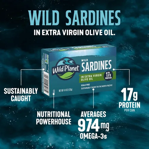 Vista 4 de Wild Planet - Sardinas silvestres en aceite de oliva extra virgen, ligeramente ahumadas, pescado enlatado, capturado de manera sostenible, sin