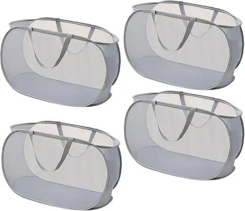 Vista 7 de 2 Piezas Cesta de Ropa Sucia Desplegable de Malla con Asas Duraderas Cestas de Lavandería Plegables Cesta de Ropa Plegable de Pástico para Cuarto