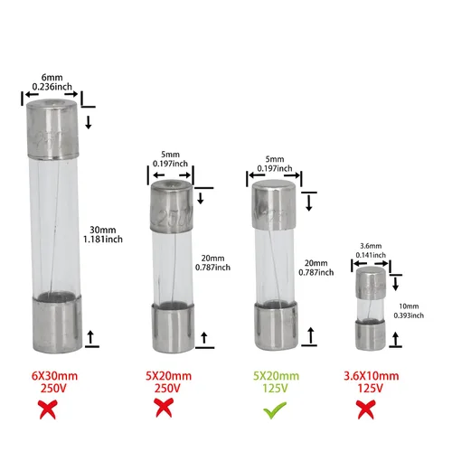 Vista 3 de Fusibles de 0.197x0.787 in Mini Fusible 125V 3A 0.19x0.78 pulgadas Fusible de vidrio Surtido Kit de fusibles (paquete de 20)